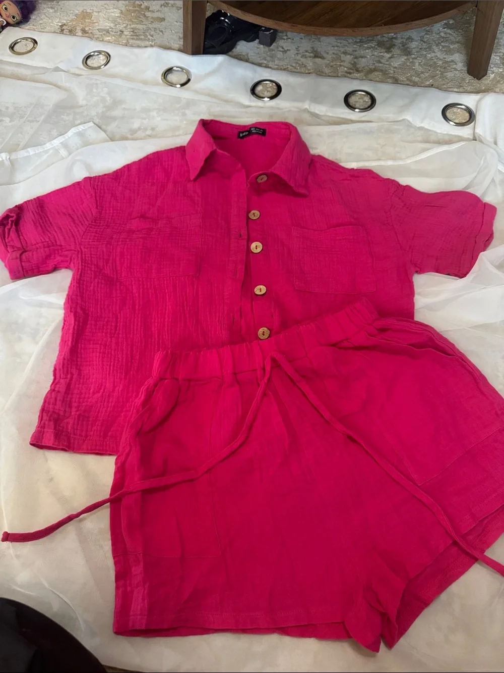 Bright Pink Two-Piece Button Shirt & Drawstring Shorts Set